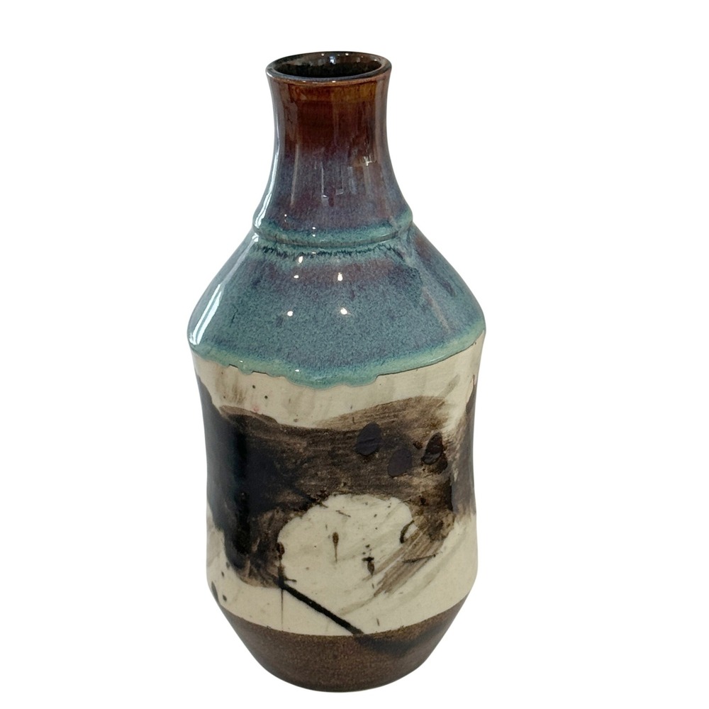 Artisan Studio Pottery Vase Teal Brown Cream Abstract Drip Glaze Stoneware Decor